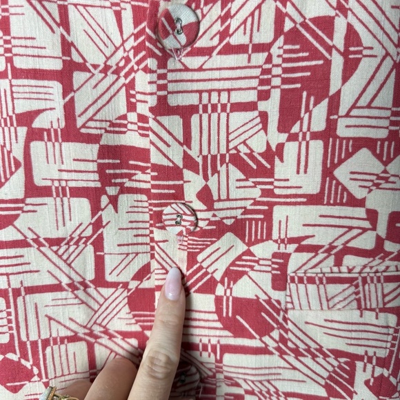 Fabindia Abstract Print Cotton Waistcoat Nehru Button Up Vest Salmon Pink Cream - Picture 11 of 12